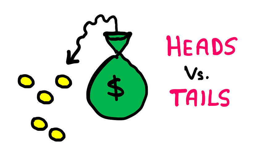 Entropy For Dummies: How To Do It The Easy Way — An illustration showing a bag of money out of which a few coins have spilled down on the floor. Beside this illustation is the following text: “Heads Vs. Tails”.