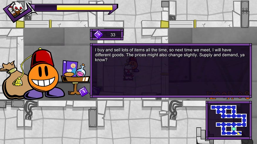The picture shows a dungeon shopkeeper, drawn like a cartoony bomb, speaking about supply and demand.