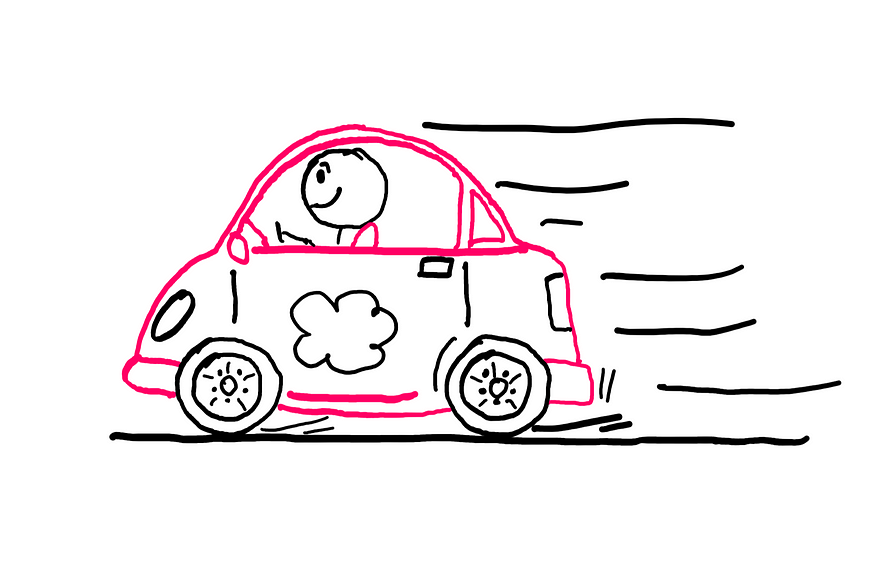 Calculus XII: How To Deal With The Time Derivative — An illustration of a car travelling at a fast rate on the left. The driver seems to be a smiling stick figure with a smug look.