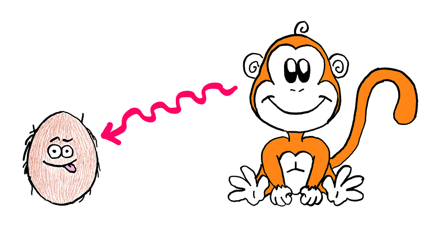How To Really Solve The Last Coconut Puzzle — An illustration showing a cute little monkey sitting on the right like a baby. On the right, you see a goofy and cute looking coconut with eyes and its tongue sticking out. The monkey seems to be eyeing the coconut.