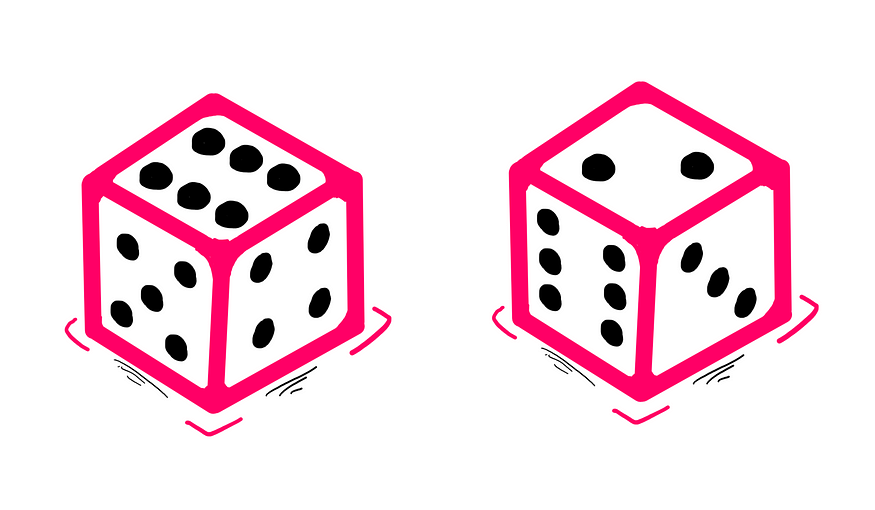 How To Really Solve The Last Coconut Puzzle — An illustration showing two dice. The first die on the left shows a 6, while the second die on the right shows a 2.