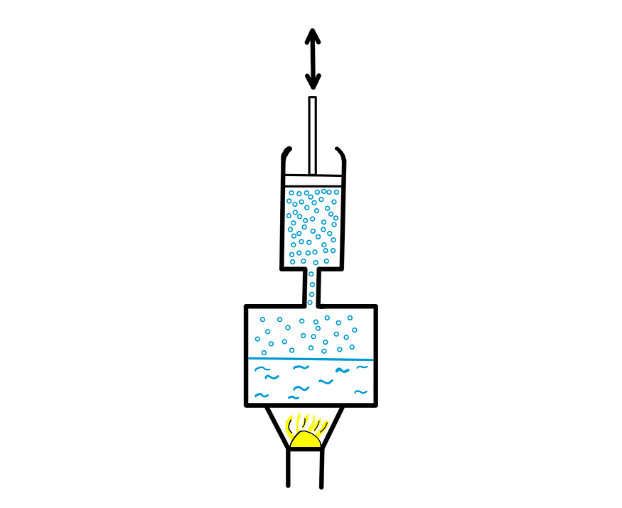 Entropy And Heat: The Hidden Connection Behind Time Flow — An illustration showing the working principle of the steam engine. Fuel burns at the bottom to heat water in the middle. This hot water produces steam, and this steam is fed into a barrel, where it pushes the piston up.