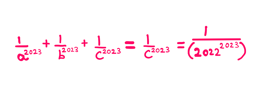 How To Really Solve This Tricky Algebra Problem (XI) — Whiteboard style graphics showing the following information: (1/a²⁰²³) + (1/b²⁰²³) + (1/c²⁰²³) = (1/c²⁰²³) = 1/(2022²⁰²³)