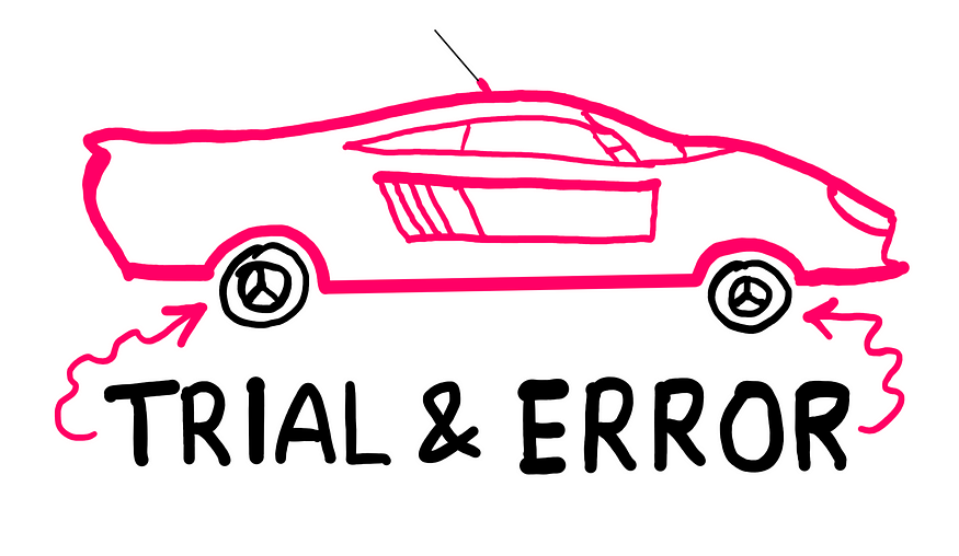 How To Easily Out Perform High IQ Individuals? — An illustration showing the same fancy sports car from before. But this time, the sports car does not have hexagonal wheels anymore; it has circular wheels. It appears that trial and error improved the form of the wheels once more. The label “Trial and error” points at these wheels.