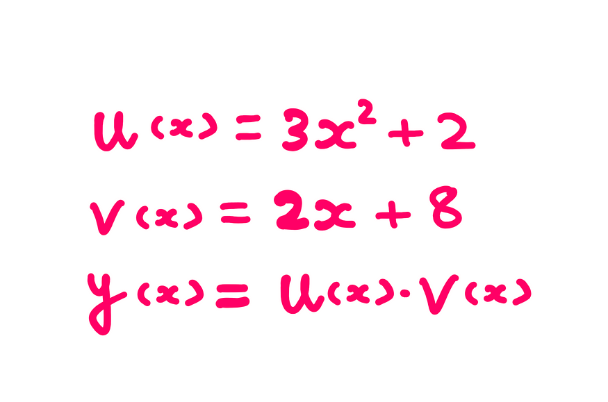 Calculus (IX): How To Really Understand The Product Rule — An illustration with whiteboard graphics showing the following information: u(x) = 3x² + 2; v(x) = 2x + 8; y(x) = [u(x)]*[v(x)]