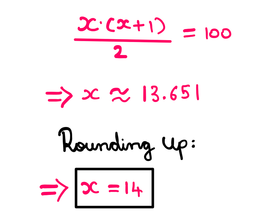 Tricky Logic Puzzle (VII) — How To Really Solve It? — x*(x + 1)/2 = 100 → x = 13.651 (approximately) = 14 (rounded up)