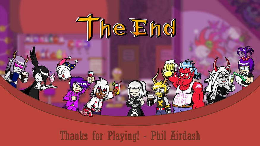 A picture showcasing the whole cast of the game (plus some NPCs) as depicted in the end credits: from left to right, Malphas, Shirley, Satoshi, Nitro, Alisa, Custom Demon, Marv, Queen and the barkeeper Traude.