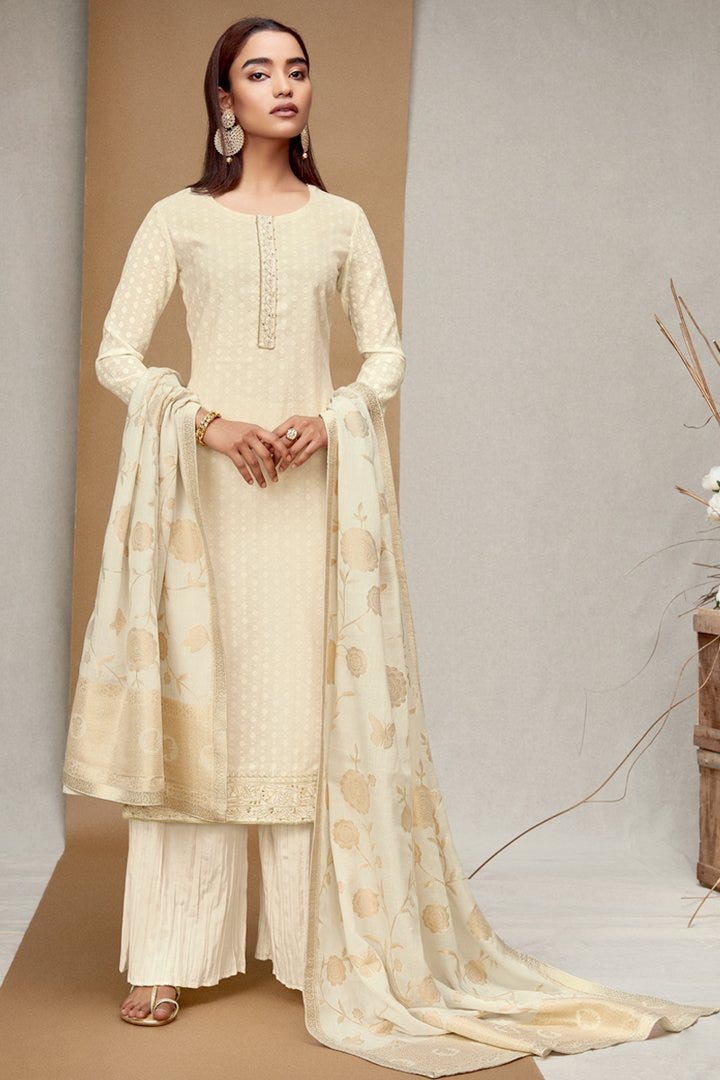 Rich Looking Creamy Woven Suit with Jacquard Dupatta