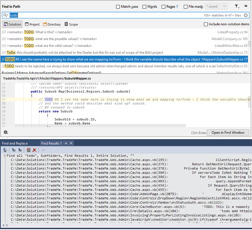 Rider (top) lists string search results clearly, with shortened filenames on the right, and a window to peek at files. In contrast, Visual Studio (bottom) presents it’s search results like an inconsiderate command line tool.