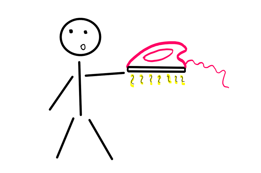 Entropy And Heat: The Hidden Connection Behind Time Flow — An illustration showing a stick figure naively and curiously trying to touch a hot iron.