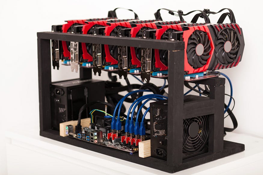 A fully-equipped GPU mining rig.