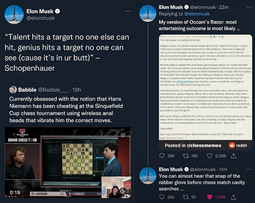 Elon Musk jumps in on the 'anal beads' chess championship conspiracy theory  - Trending News