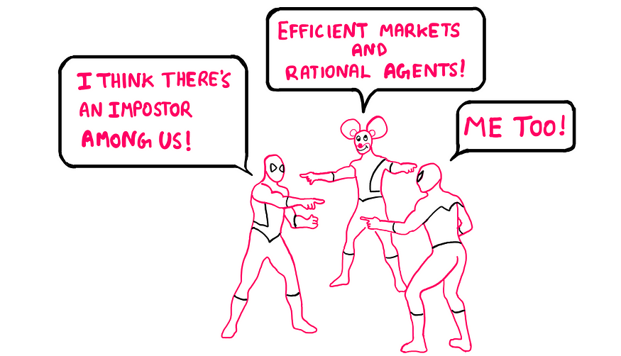 Entrepreneurs Are The New Economists — The same spider man meme with the three figures is presented again. But this time, the entrepreneur says, “I think there’s an impostor among us”. To this, the traditional economist says, “Me too!” To this, the academic fake-onomist says, “Efficient markets and rational agents!”