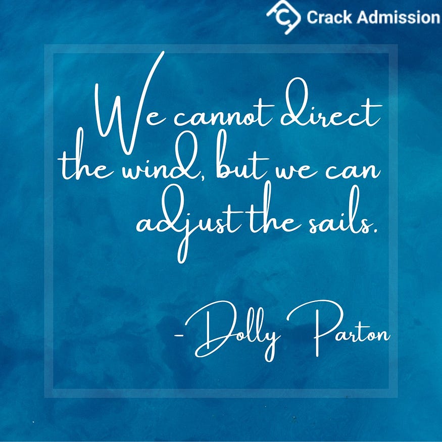 A quote reads- We cannot direct the wind, but we can adjust the sails,- Dolly Parton, on a blue background.