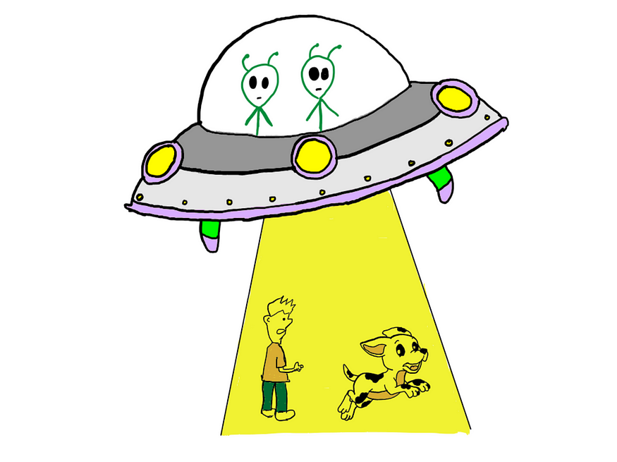 How To Really Solve This Tricky Logic Puzzle? (VI) — An illustration showing Matt and Cheat being abducted by another spaceship using a yellow tractor beam. Both seem helpless and worried.