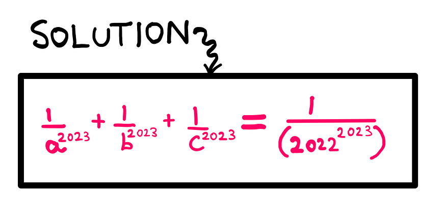 How To Really Solve This Tricky Algebra Problem (XI) — Whiteboard style graphics showing the following information: (1/a²⁰²³) + (1/b²⁰²³) + (1/c²⁰²³) = 1/(2022²⁰²³)