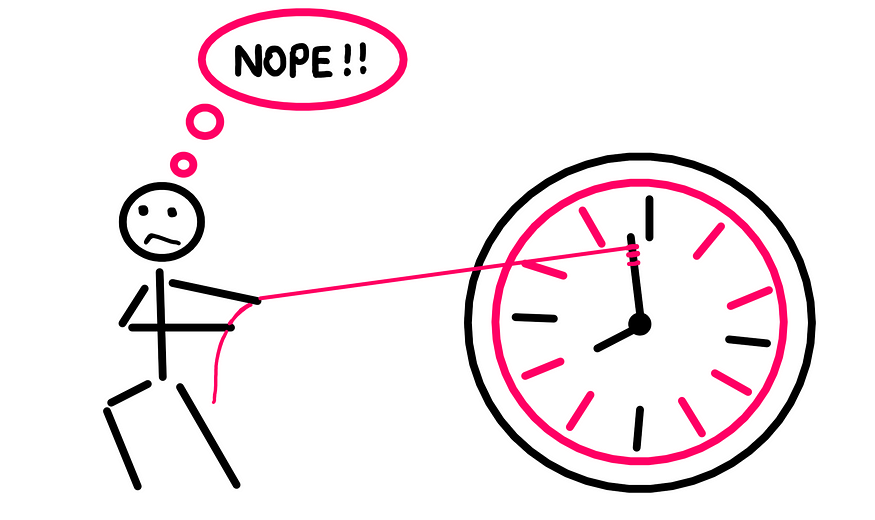 Can You Really Stop Time? (Sci-Fi Style) — An illustration showing a stick figure pulling the long hand of a big clock using a lasso/rope. It appears that the stick figure is trying to either stop time or slow it down. The stick figure is seen thinking “NOPE!!”