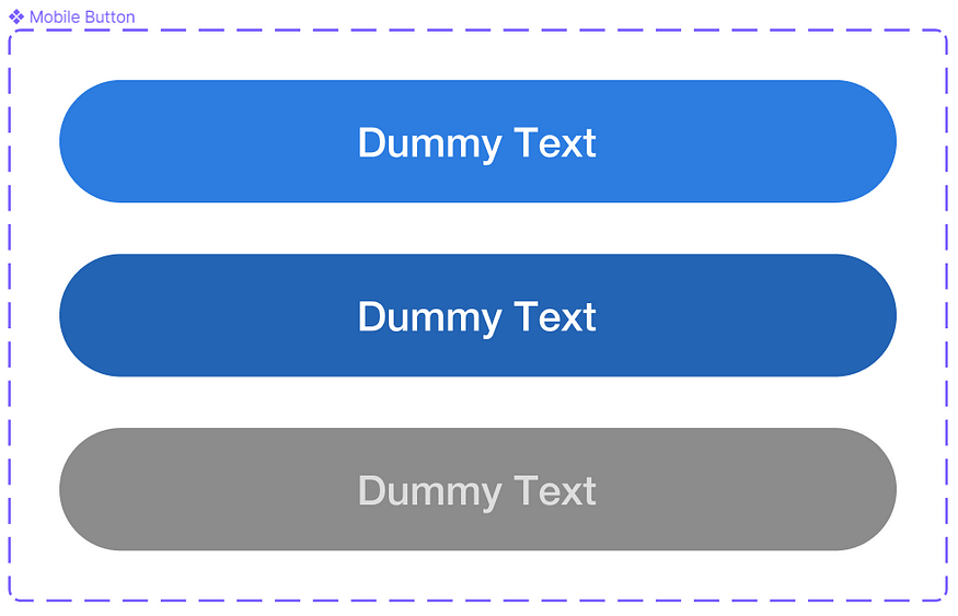 List of mobile button variants: default, clicked, and disabled