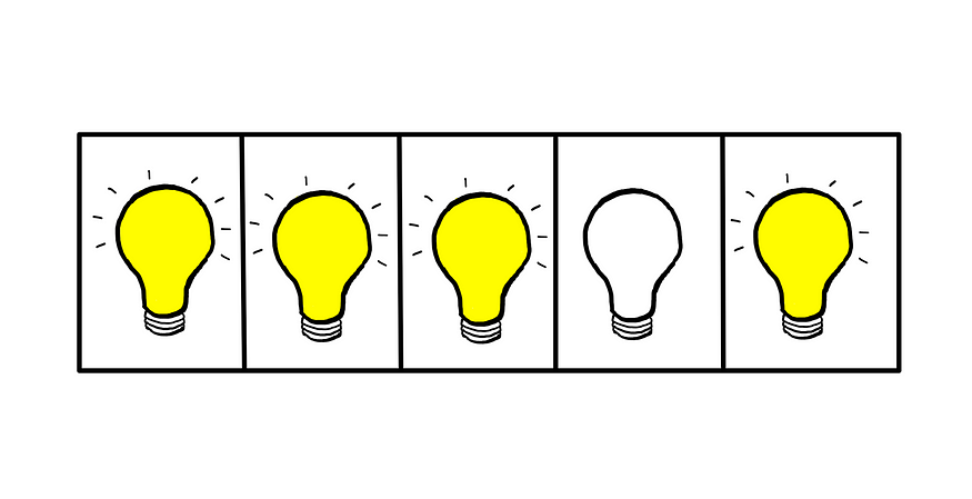 Tricky Logic Puzzle (IV): How To Really Solve It? — An illustration showing a series of five light bulbs. Of the five light bulbs, the fourth one from the left is switched off. The rest are turned on.