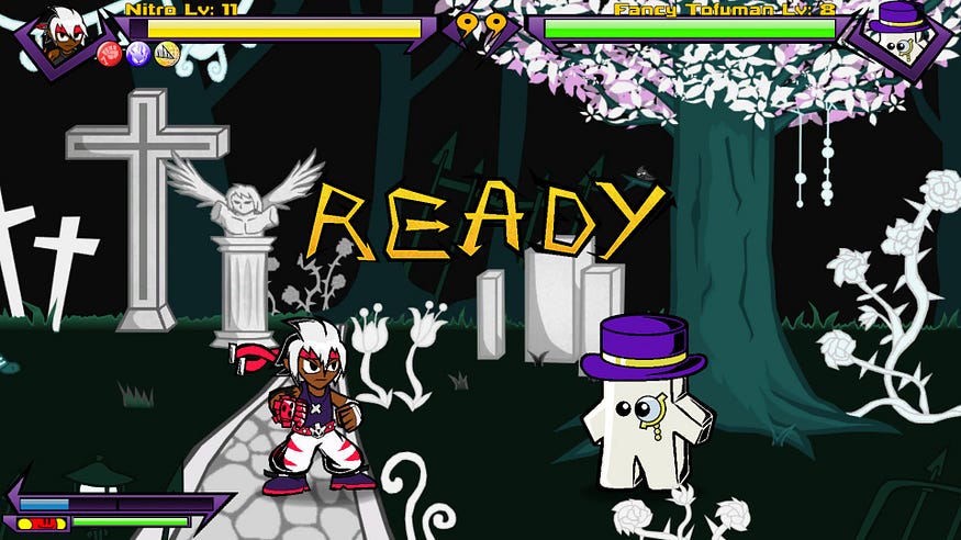 This picture shows the second dungeon, Mystic Forest, in an 1v1 match between Nitro and a Tofuman with bowler hat and monocle.