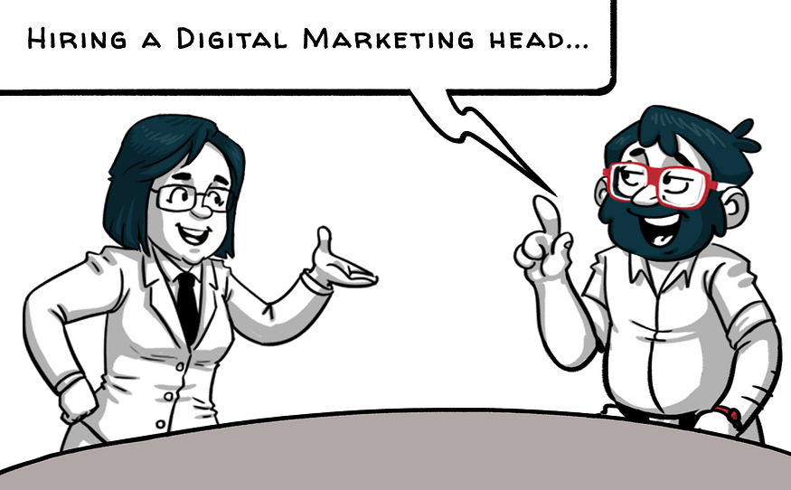 TheDigitalFellow Mascot explaining how to hire a marketing head.