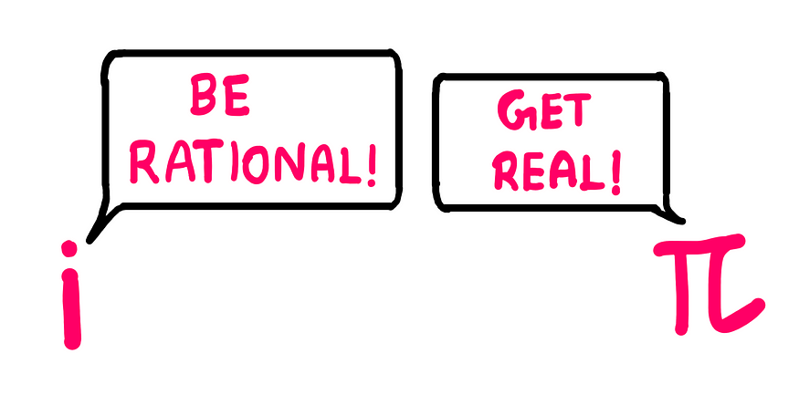 The Fundamentals Of Rational Numbers — The letter ‘i’ on the left-hand side says “Be rational!” to the symbol of pi on the right-hand side. The symbol pi responds “Get real!”