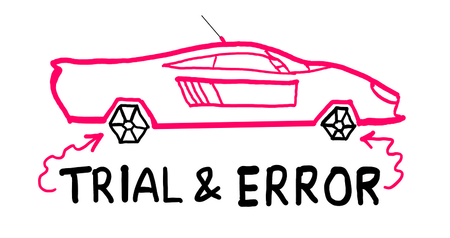 How To Easily Out Perform High IQ Individuals? — An illustration showing the same fancy sports car from before. But this time, the sports car does not have square wheels anymore; it has hexagonal wheels. It appears that trial and error improved the form of the wheels. The label “Trial and error” points at these wheels.