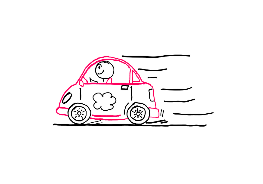 Calculus (III): What Is A Derivative? How To Really Integrate It? —An illustration showing a fast moving car driven by a stick figure. The stick figure seems to be smiling and enjoying the ride.