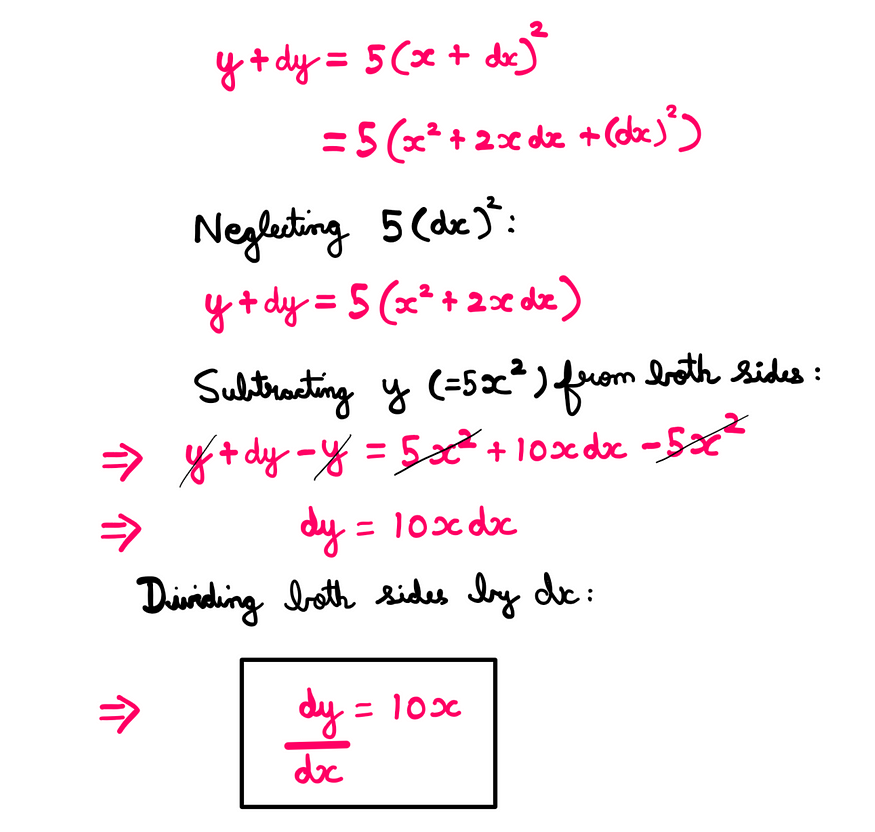 Calculus (VII): How To Differentiate Constants? — y + dy = 5(x + dx)²; y + dy = 5(x² + 2xdx + (dx)²); Neglecting 5*(dx)², we get: y + dy = 5 (x² + 2xdx); Subtracting y = 5x² from both sides: y + dy — y = 5x² + 10xdx — 5x²; dy = 10xdx; Dividing both sides by dx, we get the derivative: dy/dx = 10x;