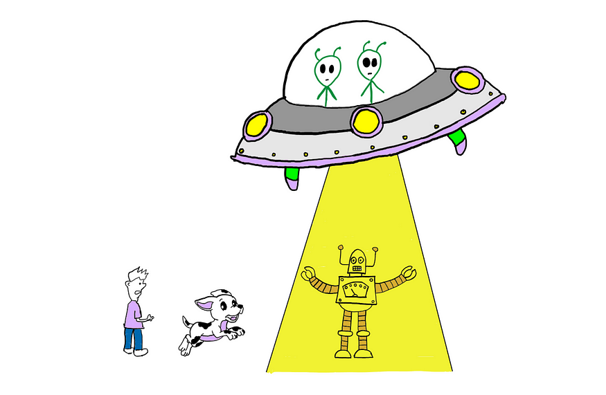 How To Really Solve This Tricky Logic Puzzle? (VI) — An illustration showing Cheat (the robot) being abducted by the alien spaceship using a yellow tractor beam, while Matt and Can watch in dismay.