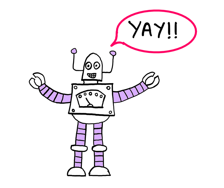 Tricky Logic Puzzle (VII) — How To Really Solve It? An illustration showing cheat the robot exclaiming “Yay” with joy!