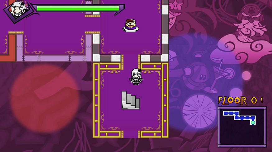 The picture shows the playable character Alisa on the minimap of the third dungeon, a demonic night club. In an adjacent room, there is a cartoon jelly with a tuxedo and glasses.