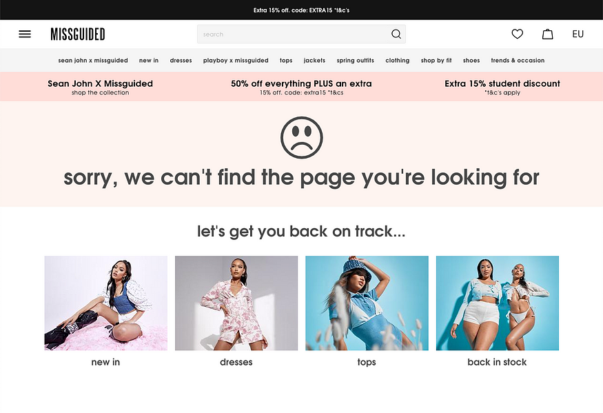 Missguided really grabs the opportunity to let the user find what they’re looking for or discover more content.