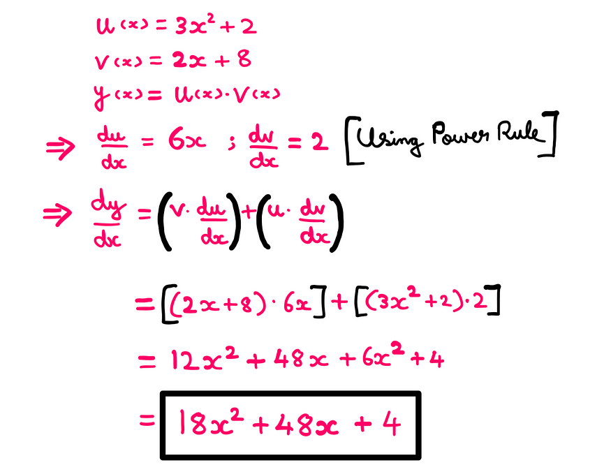 Calculus (IX): How To Really Understand The Product Rule — An illustration with whiteboard graphics showing the following information: u(x) = 3x² + 2; v(x) = 2x + 8; y(x) = [u(x)]*[v(x)]; du/dx = 6x; dv/dx = 2; dy/dx = [v*(du/dx)] + [u*(dv/dx)] = [(2x + 8)*6x] + [(3x² + 2)*2] = 12x² + 48x + 6x² + 4 = 18x² + 48x + 4