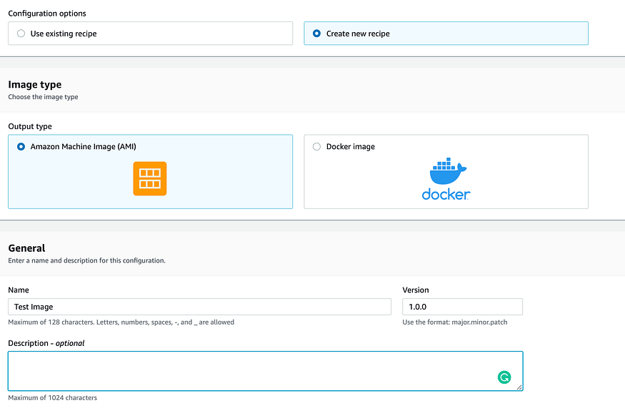 I will create a new recipe and choose the Image Type as AMI