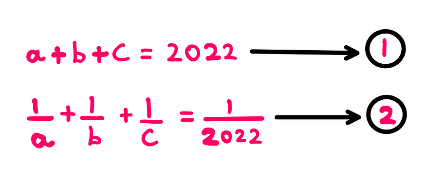 How To Really Solve This Tricky Algebra Problem (XI) — Whiteboard style graphics showing the following information: equation-1: a + b + c = 2022; equation-2: (1/a) + (1/b) + (1/c) = 1/2022