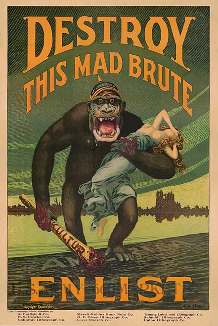 this 1918 propaganda poster artist by Harry R. Hopps depicts Germany as an enraged gorilla stepping foot on an American shore as Europe lays in ruin in the distance