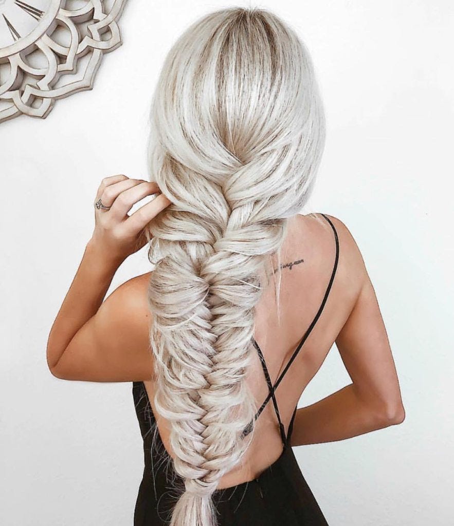 Loose Boho Chic Fishtail Braid on Long Platinum Blonde Hair by Hairstyleolo...