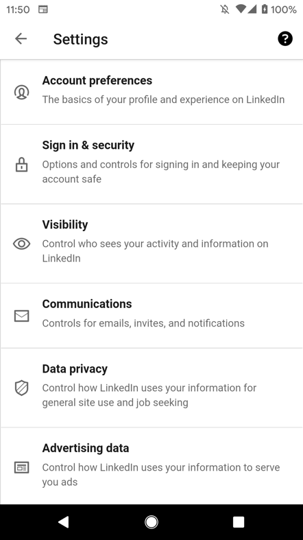 Printscreen of Linkedin's settings (mobile). The sessions are