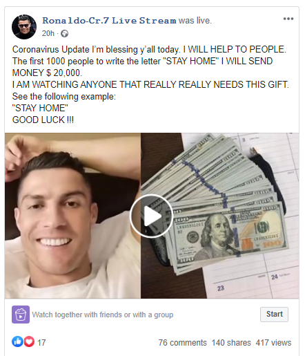 HOAX: This post offering Facebook users $20,000 from Cristiano Ronaldo is  fake | by PesaCheck | PesaCheck