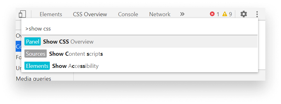 start typing css overview to open the css overview panel