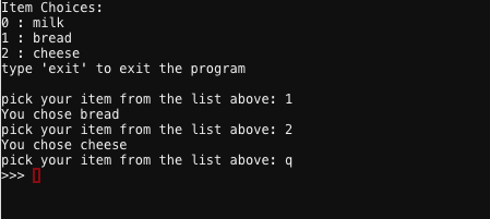 Terminal showing interaction with food list menu