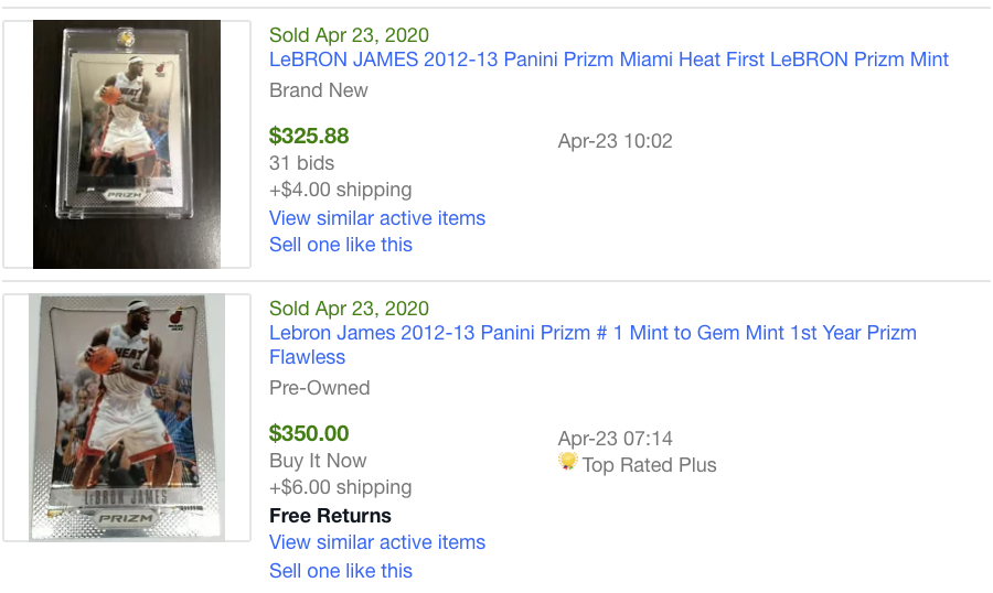 Image of eBay sold listings for Lebron James cards.