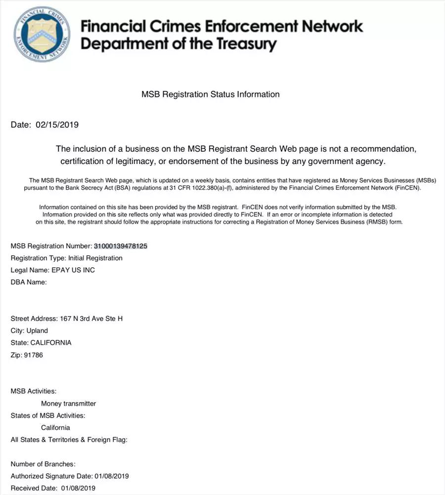 Epay Is Officially Registered In Msb Under Fincen By Epay News Epayglobal Medium