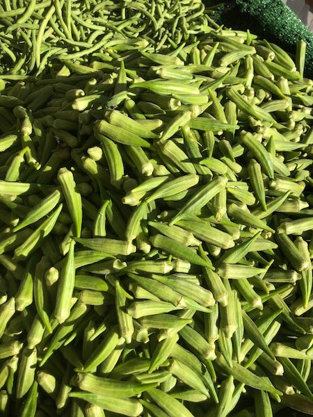 A pile of okras. This picture was taken at Hayward Farmers Market.