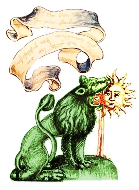 Green lion eating the sun
