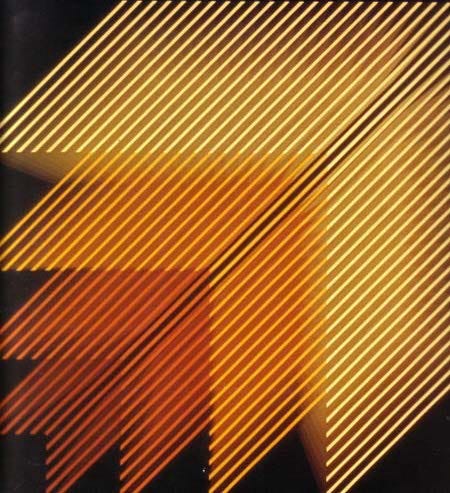 Graphic illustration with tiered layers of red, orange and yellow lines in the form of an arrow pointing up and to the right