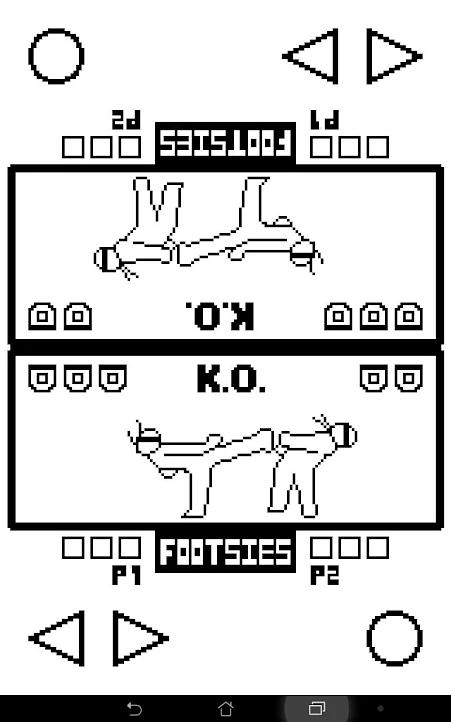 A screenshot from the mobile version of FOOTSIES, with two game screen mirrored and joined to allow two players to play it at the same time on the same device.