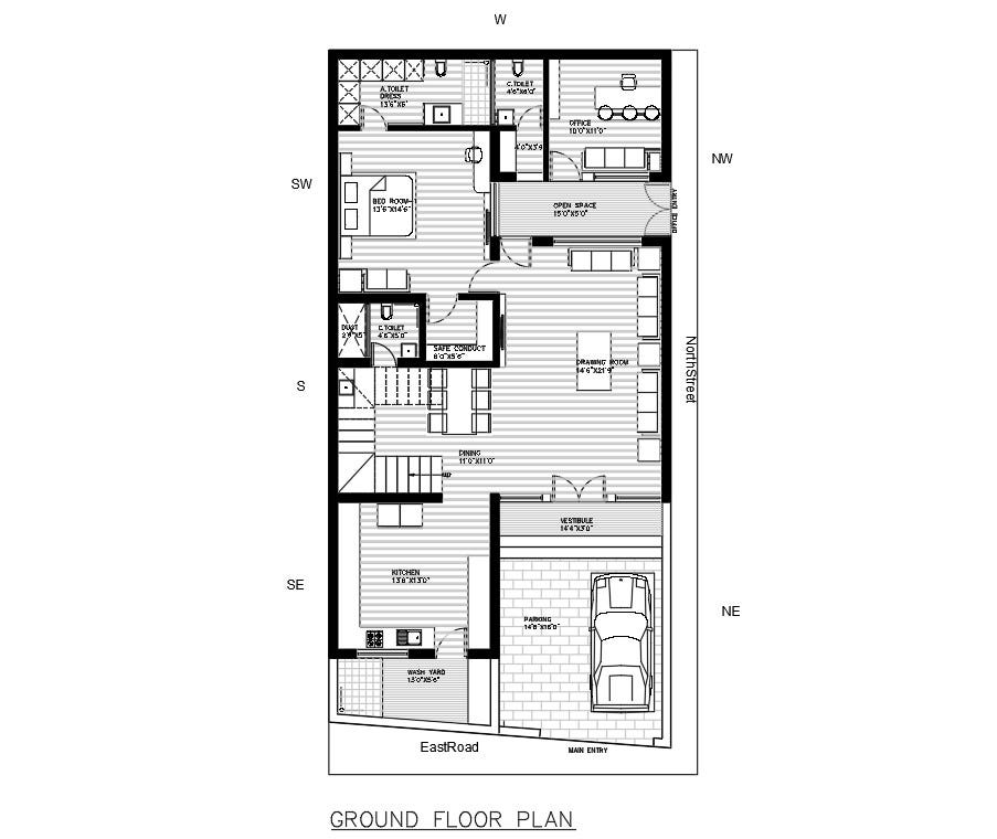 Architectural Bungalow Plan With Furniture Layout Dwg File