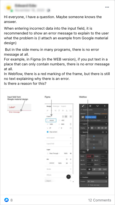 An Image of a question I asked in the Facebook community about product design.